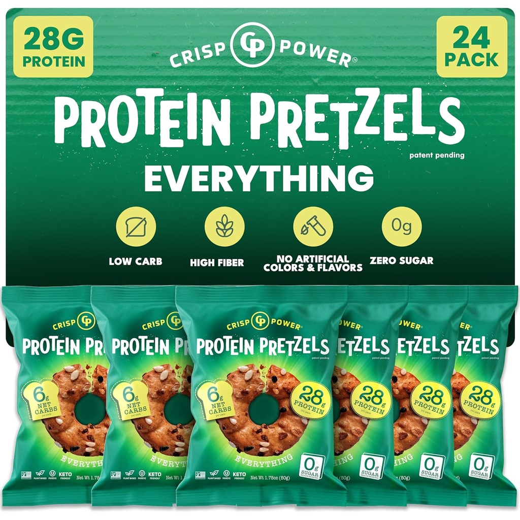 Crisp Power Protein Pretzel, Vse, High Protein Vegan Keto Prigrizek, 28 G Rastlinski osnovi Beljakovine, Nizki Carb Crunchy Pretzel Prigrizki, Sugar Free, Brez semen, 1,75 oz Vrečke, 24 Pack