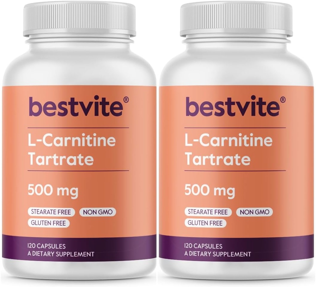 BESTVITE L-karnitin tartrat 500 mg na kapsulo (240 kapsul)(120x2) - brez stearat - brez GSO - brez glutena