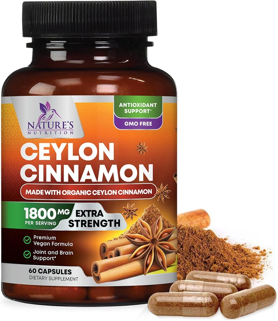 Organski Ceylon Cimet Dodatek 1800mg - Certified Organic Ceylon Cimet Powder tablete - Energy & Heart Podpora za ženske & moške, ustekleničen v ZDA, Antioksidant, Gluten prost, Non-GMO - 60 kapsul