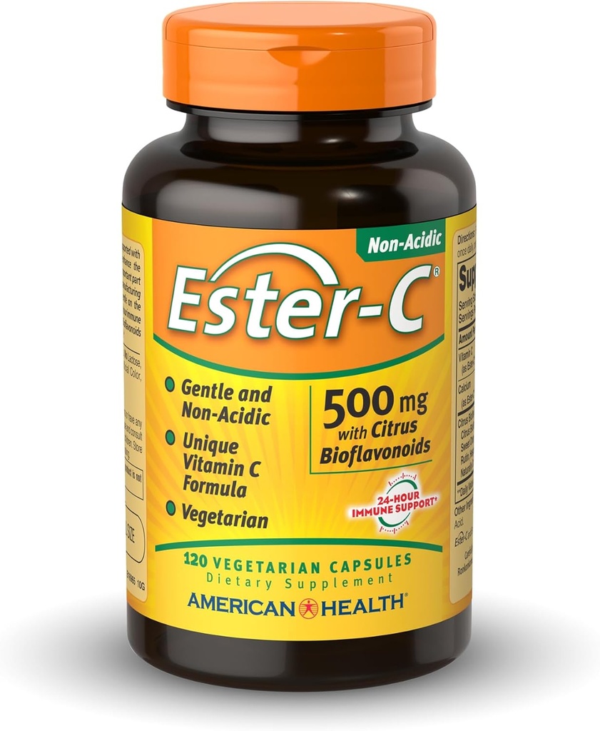 American Health Ester-C 500 mg z zdravilom Citrus Bioflavonoidi - 120 vegetarijanskih kapsul - 24-urna imunska podpora - Ne-GMO, Vegan, Gluten Free - 60 servivov
