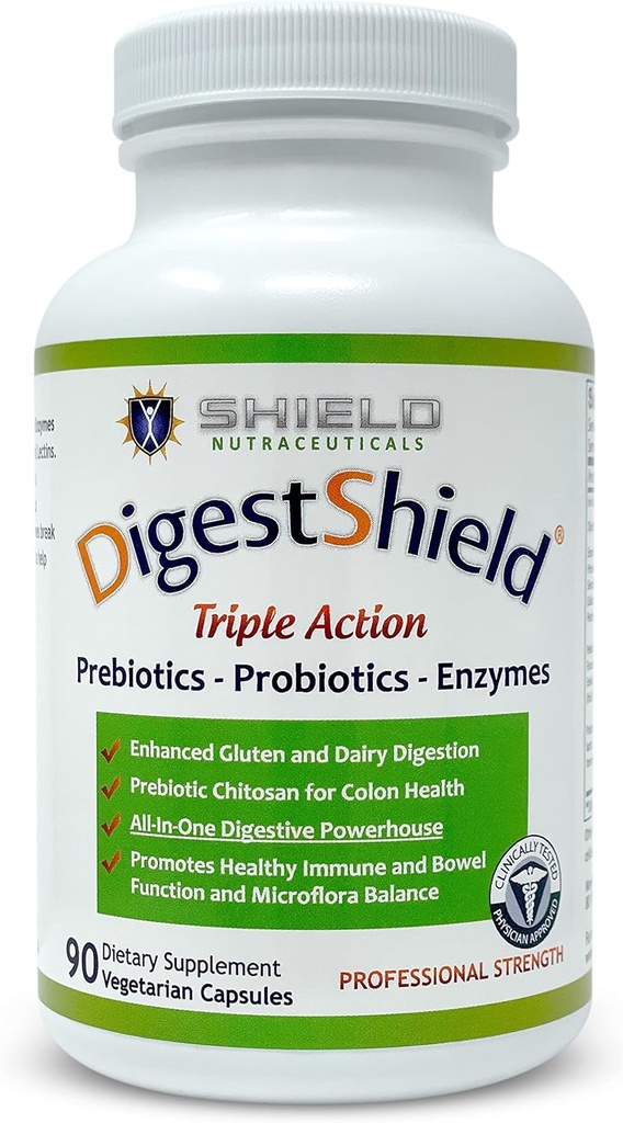 DigestShield® Probiotic & Prebiotic Supplement + Prebavni encimi, Beat Bloat, varno prebavna mleka, Gluten in predelana živila, zmanjšanje absorpcije maščob s Chitosan, 90- obrok oskrbo