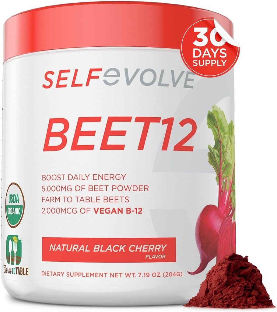 selfevoluve pese12 - organska pesa koren prahu Izboljšana z vitaminom B12, dušikov oksid Booster, Pese Juice v prahu Podpora naravna energija, Pese v prahu s črno češnjevo aromo, 30 Servings