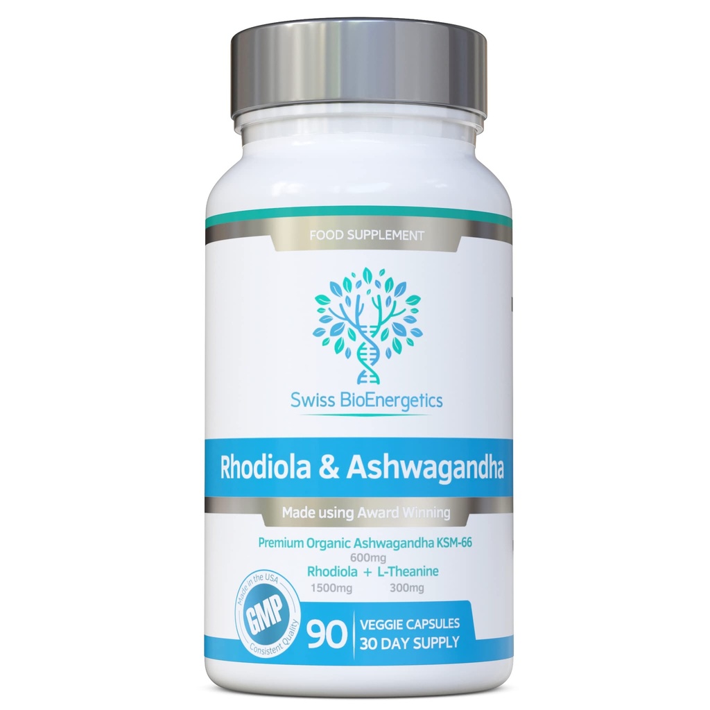 Rhodiola & Ashwagandha z L-Theanine - Nagrade Winning Ashwagandha KSM-66 600mg & 1500mg Rhodiola (3% Rosavins - 1% Salidrozides) celoten koren ekvivalent- adaptogeni combo- Brez umetnih polnil