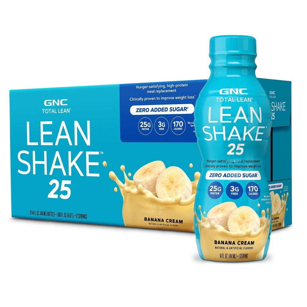 GNC Lean Shake 25 Protein Shake, klinično dokazano upravljanje s težo, Nadomestek obroka, 25g beljakovin z nič dodanega sladkorja, Pripravljen za pitje, Banana krema, pakiranje po 12