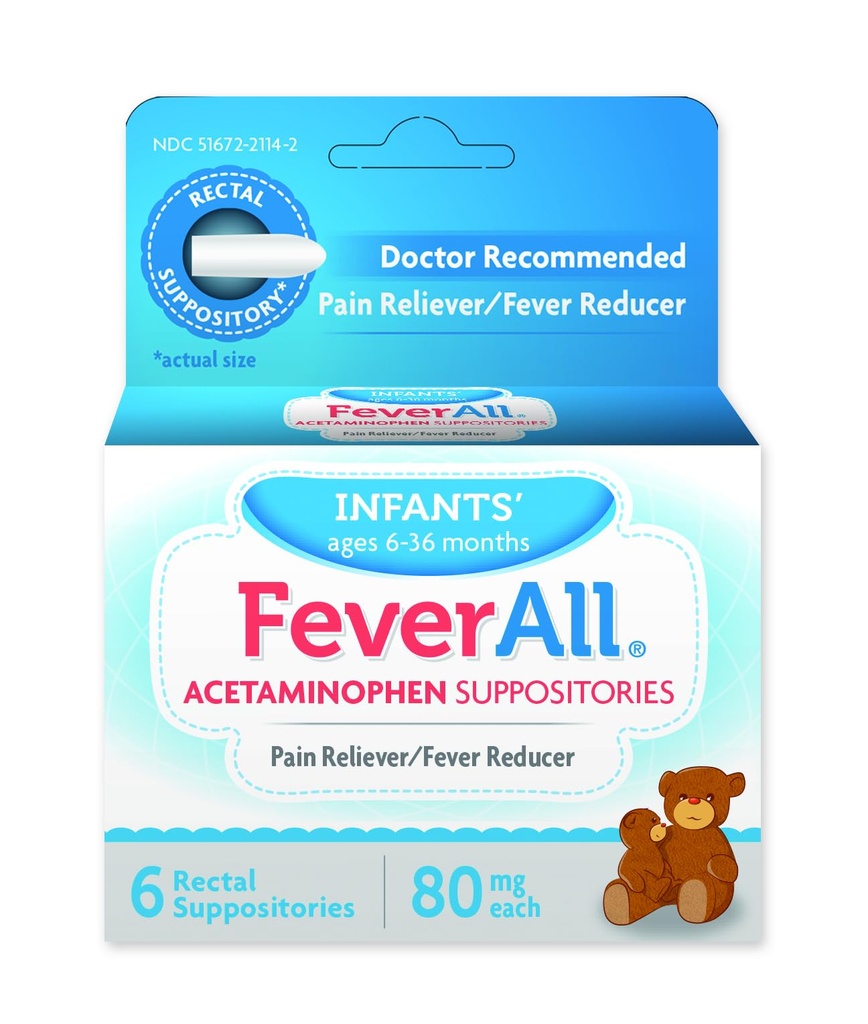 Feverall Infant Acetaminofen Suppositories 6 Rectal Suppositories 80mg vsak bolečina Reliever / Fever Reducer. Paraben brezplačno, brez umetnih barv ali drugih konzervansov. Starost 6-36 mesecev
