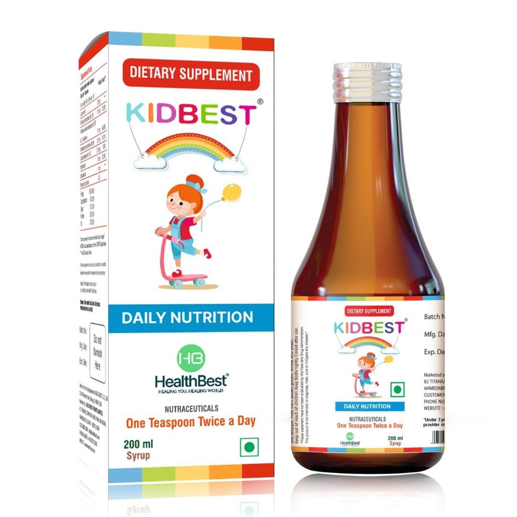 HealthNajboljši Kidbest Apetite Booster za otroke 3-13 Yrs z L-Lysine & B vitamini Syrup, Pomaga zdravo pridobivanje teže, Ananas Flavor, Poveča lakote, Appetite Stimulant, 200ml