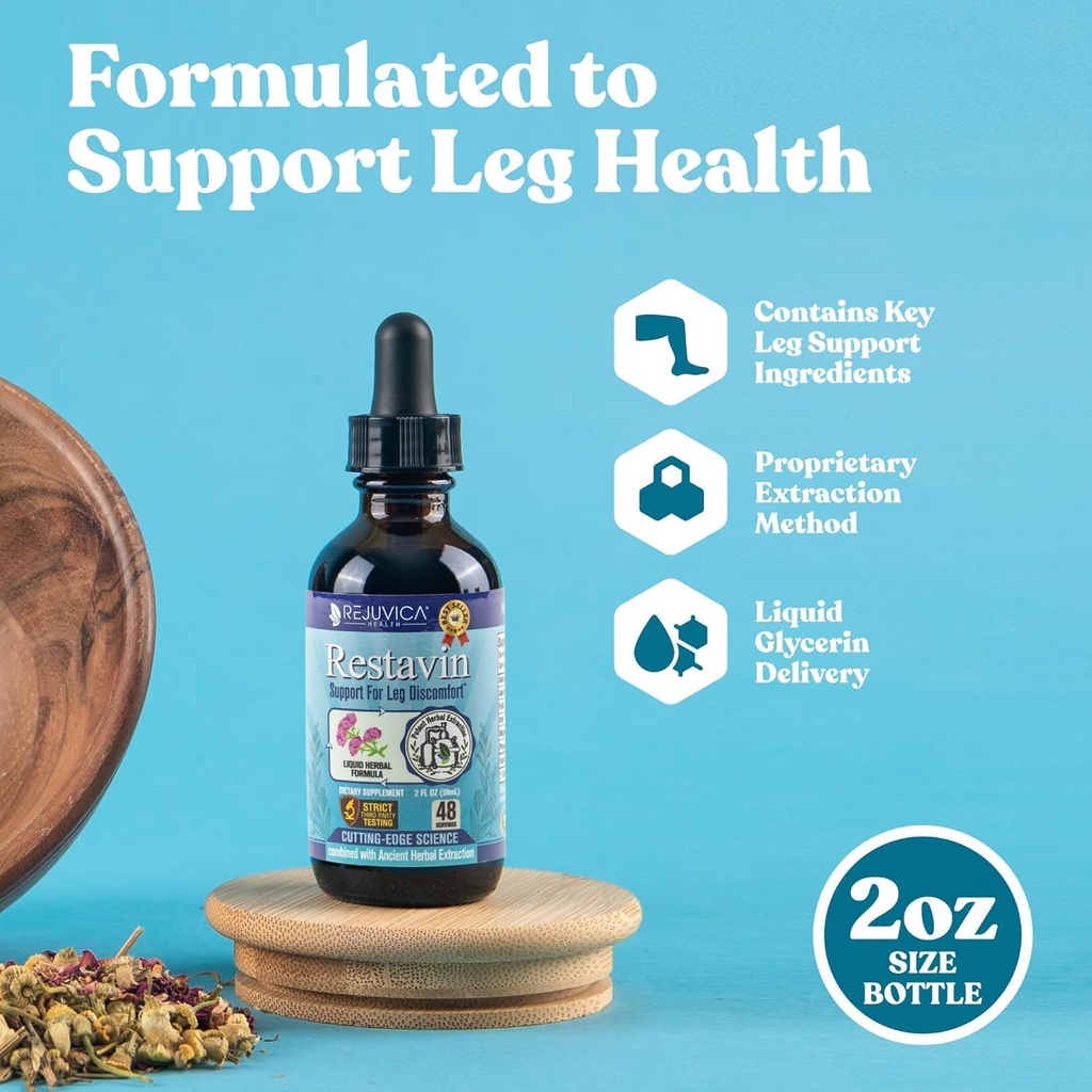Restavin - Advanced Leg Support Supplement - Tekoča dostava za boljšo absorpcijo - Vitamin C, železo, Valerian, Kurkuma, Magnezij in več!