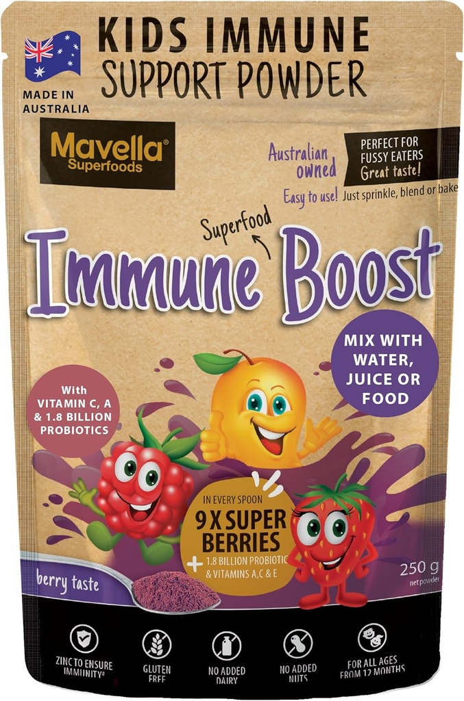 Otroci Imunska podpora Powder - Imunski sistem Podpora z vitaminom C A + E, Magnezij & probiotiki za 9 Superbrusnice - Berry Okus Immunity Gummies Alternative 8.82oz (250g)