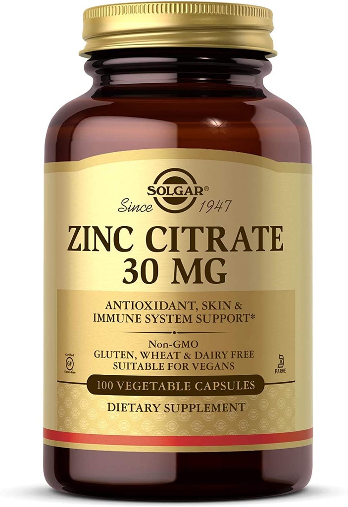 Solgar Cinkov citrat Rastlinske kapsule, 100 Število, Ne-GMO, Gluten prost, in Kosher, Podpira zdravje imunskega sistema, zdrave kože in oči, Normalen okus in vid