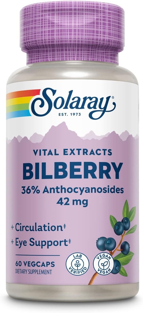 SOLARAY Izvleček jagodičevja 42 mg, podpora za zdravje in kroženje oči, s 36% antocianozidi, Vegan, 60 VegCaps