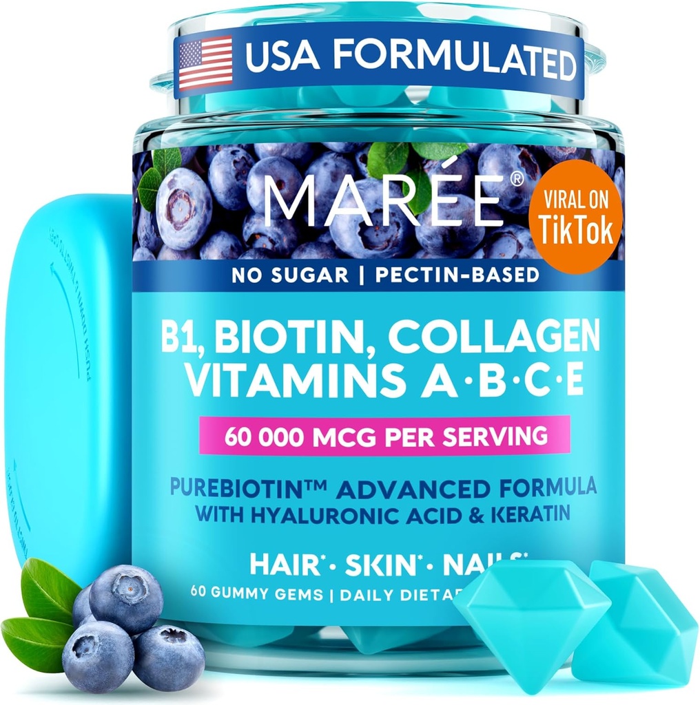 MAREE Vitamin B1 Tiamin & B7 Biotin Gumies - A E D C Vitamini kompleks s keratin, kolagen, hialuronska in pantotenska kislina za kožo, nohti in lase