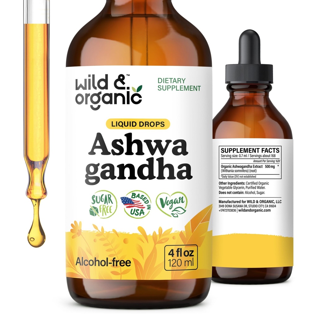 Wild & Organic Ashwagandha kapljice - podpora razpoloženju dodatek w/Ashwagandha korenski ekstrakt - tekoče kapljice za miren um - sprostitev dopolnila - Sladkor & alkohol brez - 4 fl oz