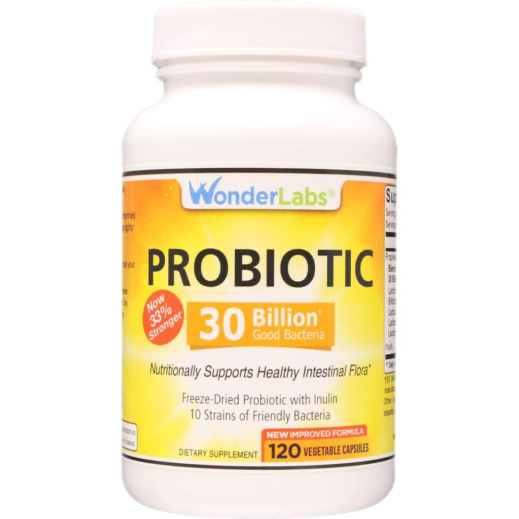 Wonder Laboratories Probiotic 30 milijard dobre bakterije (8 Lactobacillus sevi in 2 Bifidobacterium sevi), Hranilna podpora zdravo Prebavni sistem, 120 Kapsule