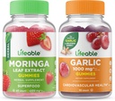 Življenjska Moringa Leaf + Česen 1000mg, Gummies Bundle - odličen okus, Vitamin dodatek, Gluten brezplačno, GSO brezplačno, Žvečljivi gumi