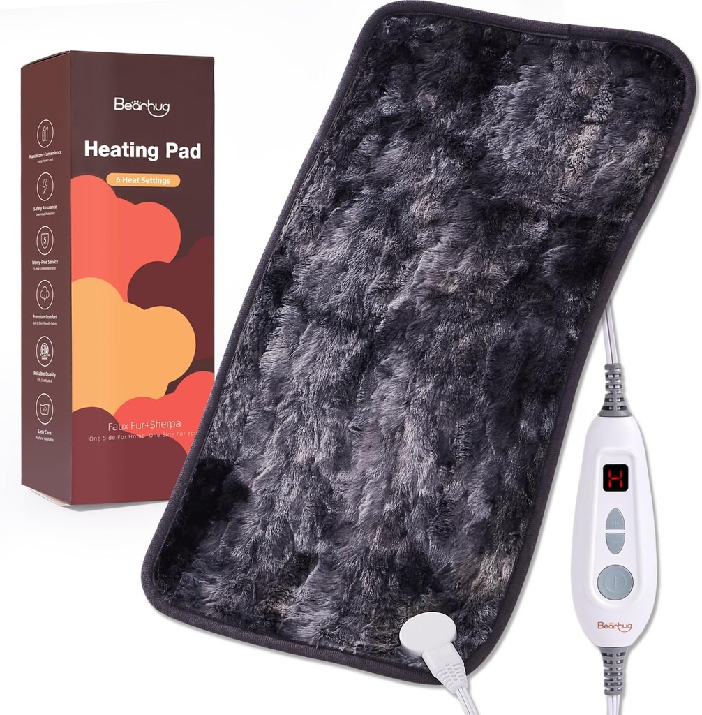Bearhug Electric Heating Pad 12'x24' Dvojni sided Faux Fur Heated Pad, 6 Heat Levels, 2H Auto-Off, Vlažna & Suha toplotna terapija za lajšanje bolečine v hrbtu, stroj pralen, ETL Certified - Darilni box