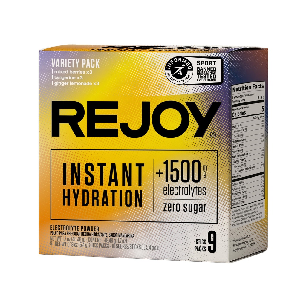 Rejoy – Electrolyte Powder Packets, 9 palice – Hydration Drink Mix dodatek – Sugar Free, Keto in Paleo prijazno, Vegan, Non-GMO, Easy Open Enosrčna Pack (Variety Pack)