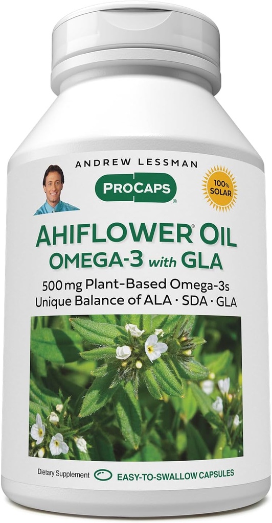 ANDREW LESSMAN Ahiflower Omega-3 z GLA - 60 Softgels - Edinstveno uravnotežen, rastlinsko osnovan vir Essential Omega-3 maščobnih kislin. Ni želodca, onesnaževalcev ali živega srebra. Enostavno pogoltniti
