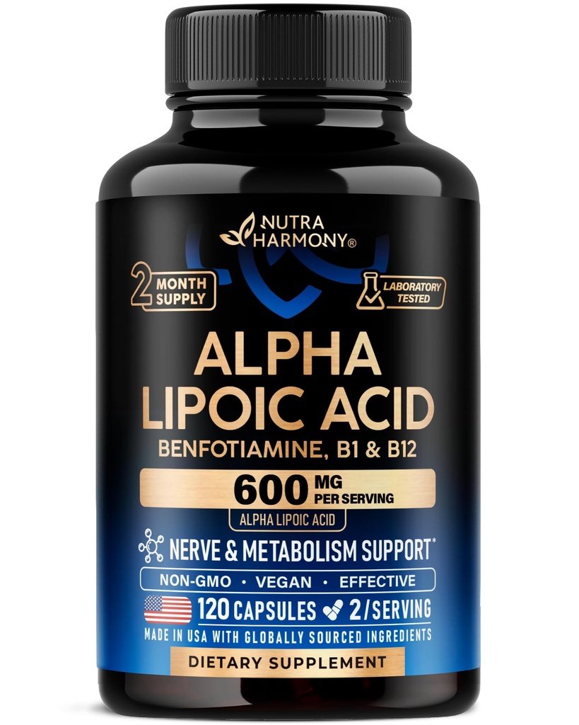Alfa lipojska kislina 600 mg - AlA dodatek antioksidant za živčevje, energijska in metabolistična podpora - dodatna moč z benfotiaminom, B1 & B12 - laboratorij Tested, Non-GMO & Vegan - 120 kapsul, 2 meseca dobave