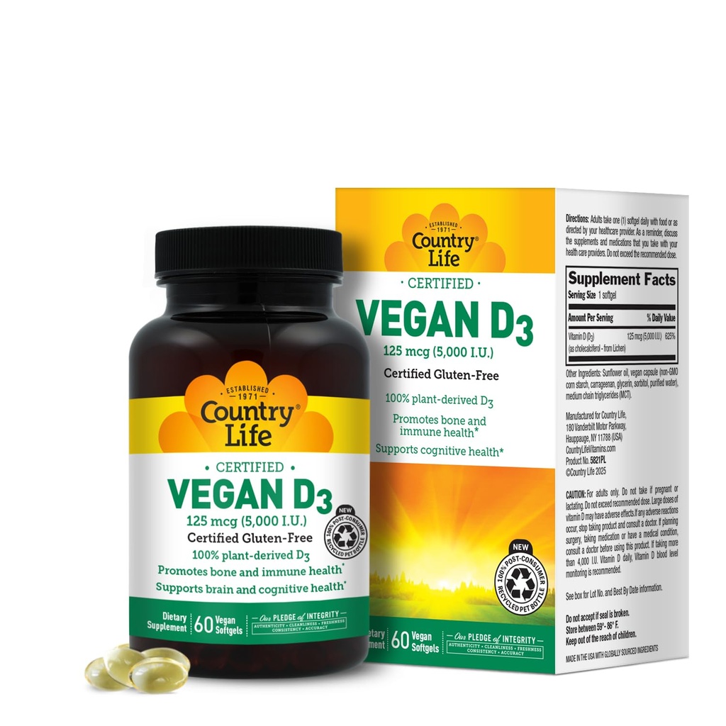 Country Life Vegan D3 5000 i.e. – Rastlinsko sušeni vitamin D3 iz Lichen – Visoka jakost Imunska in kostna podpora – Certified Vegan, Gluten-free, Non-GMO – 60 Softgels