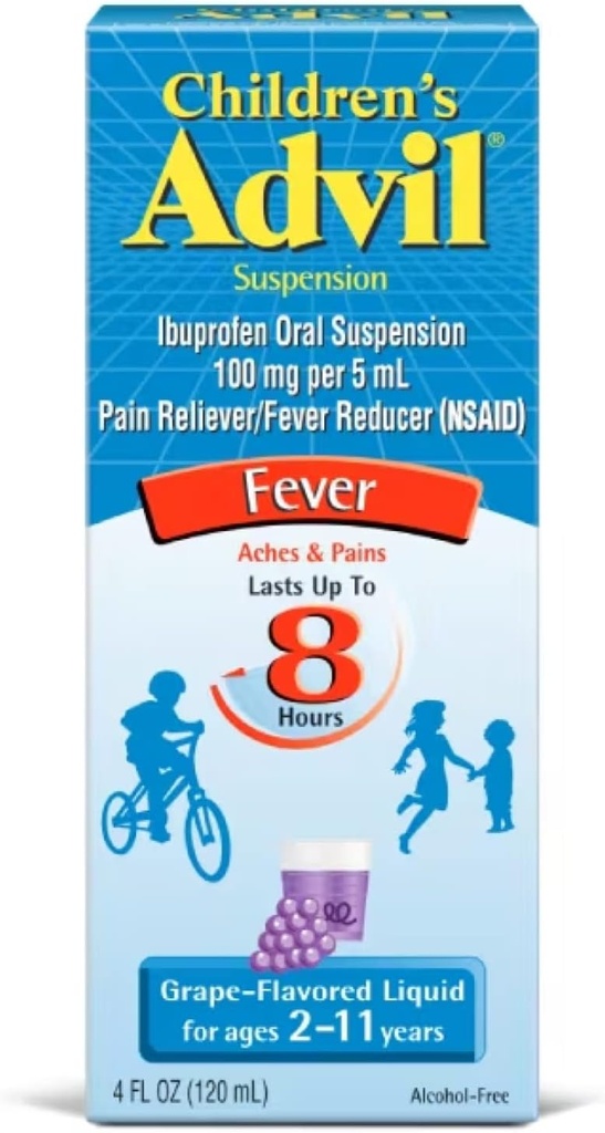 Otroški Advil Suspenzija Ibuprofen 100mg Hitra bolečina Reliever in zvišana telesna temperatura Reduktor Traja do 8 ur Grozdna aroma Tekoča za starosti 2 do 11 let - 3 Pakiranje 4 FL Oz steklenice
