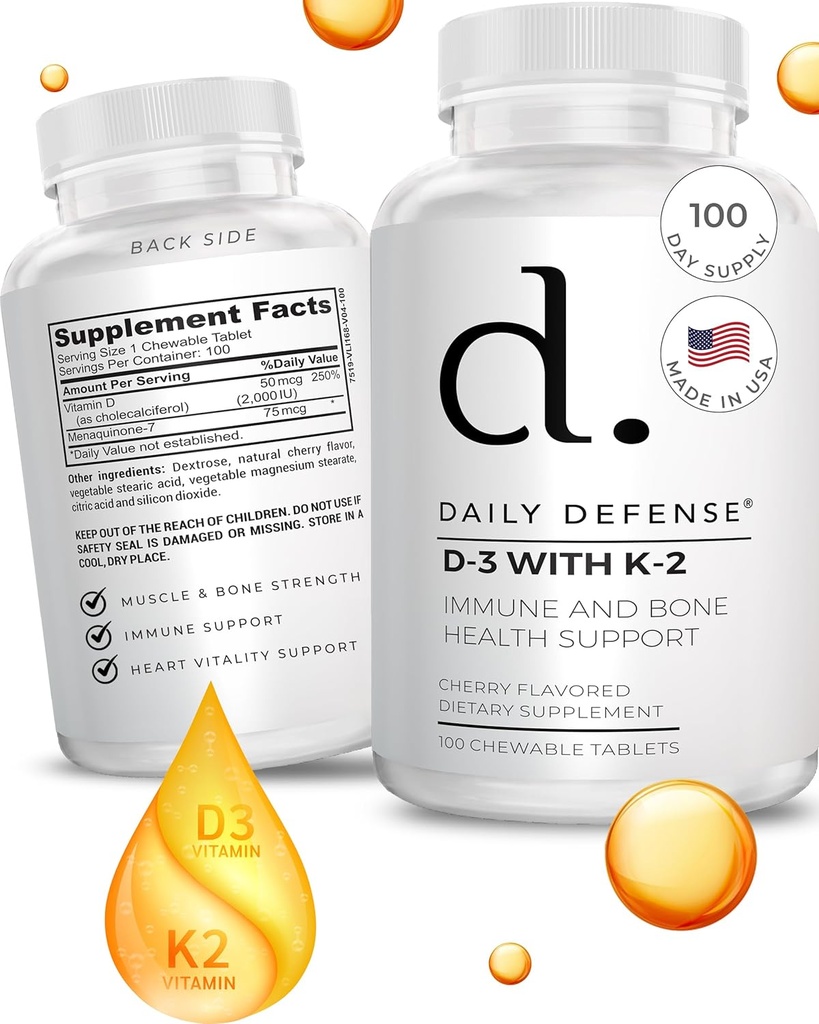 Imunska obramba dopolnila Vitamin D3 K2 2000i.e. za zdravje srca, dnevno podporo imunskega sistema, mentalno jasnost in delovanje mišic - 100 žvečljivih tablet