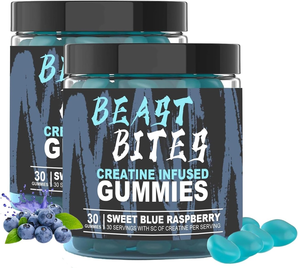 DYALE Beast Bites Kreatin Bites - 5g Kreatin Monohidrat na strežbo - Brez sladkorja ali umetnih barv - Nizka Kalorie, Vegan & Halal - Modra malina aroma - 30 Gummies (2kos)