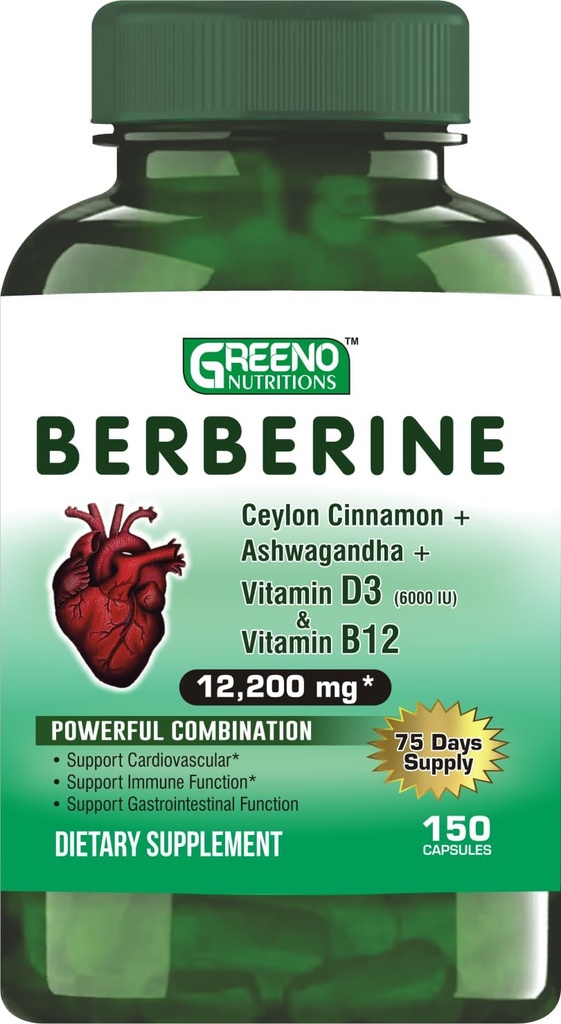 Berberine 12200mg s Ceylon Cinnamon Ashwagandha Vitamin D13 + Vitamin B12 Podpora imunskega srca - 75 dni dobave -150 Število (Pack od 1)