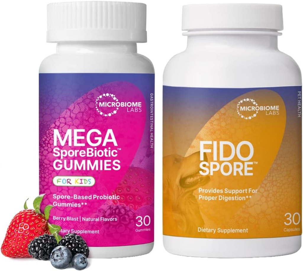Microbiome Labs Kids & Pet Probiotic Bundele - MegaSporoBiotic za otroke + FidoSpore športi probiotiki za pse in mačke