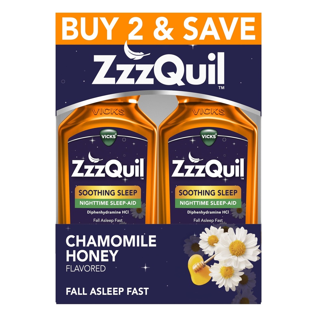 ZzzQuil Liquid Sleep Aid, Umirjanje spanja, Difenhidramin 50 mg HCl, Kamilični med z aromo, nočno spanje Tekoči, Pomoč za spanje za odrasle, 2 paket, 24 FL Oz