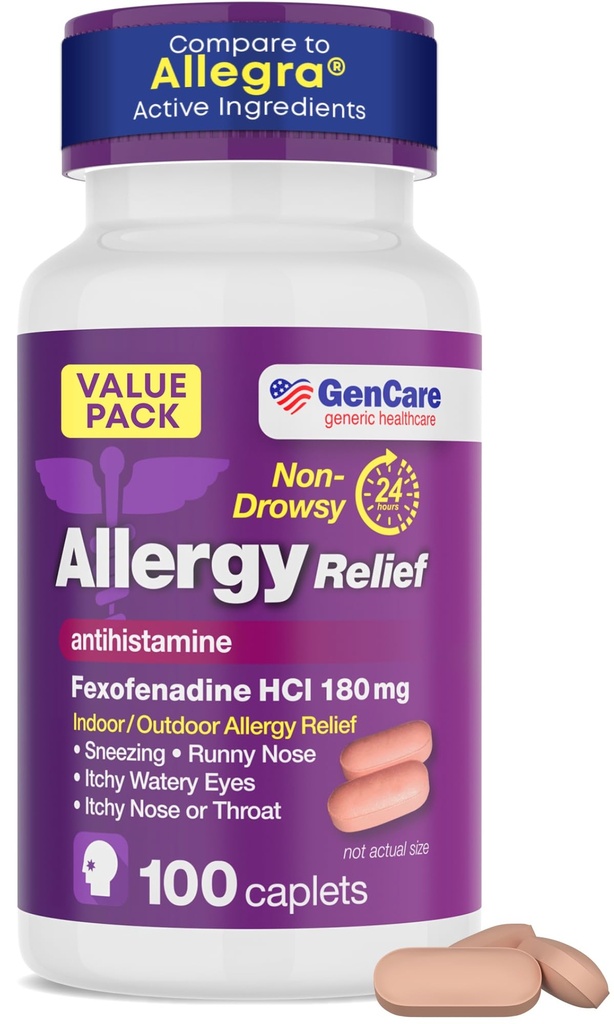 GenCare Alergija Relief tablete - Fexofenadine 180mg 24 ur Ne-Drowsy Alergy Medicine Antihistaminik, Primerjaj z Allegra 24 Uro Ne Drowsy tablete za Itchy oči, Runny Nose, Kopriv (100 Štetje)
