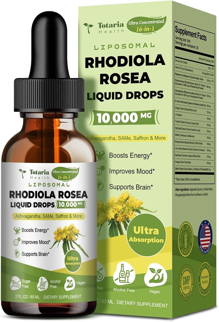 Totaria Liposomal Rhodiola Rosea Tinkture 16 v 1, w/Ashwagandha, L-Theanin, Saffron, Ultra Jakost Cortisol dodatek z Rhodiola Rosea, Magnezij