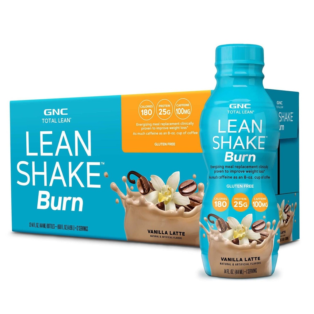 GNC Lean Shake Burn z kofeinom, klinično dokazano hujšanje, pripravljen za pitje obrok zamenjavo, 25g beljakovin z nič dodanega sladkorja, Vanilla Latte, pakiranje po 12