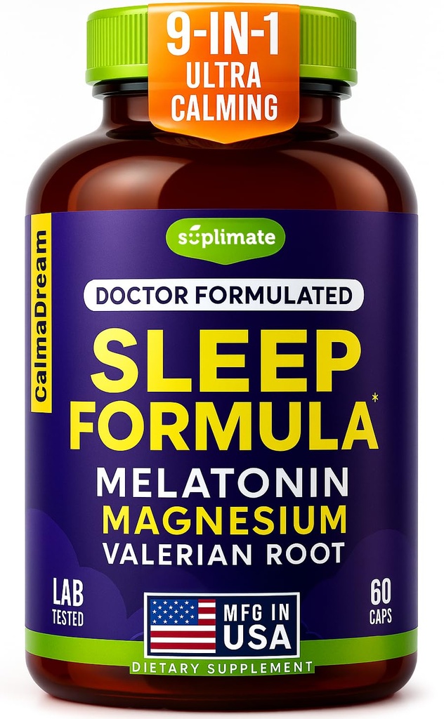 9-v-1 Melatonin Pomoč za spanje za odrasle - ZDA Made, Lab Tested z Melatonin 5mg in 108mg Magnezij za spanje - TRAACS, Ashwagandha, Valerian Root, GABA, 5HTP, Herbal Sleep Supplement, Vegan, 60 Caps