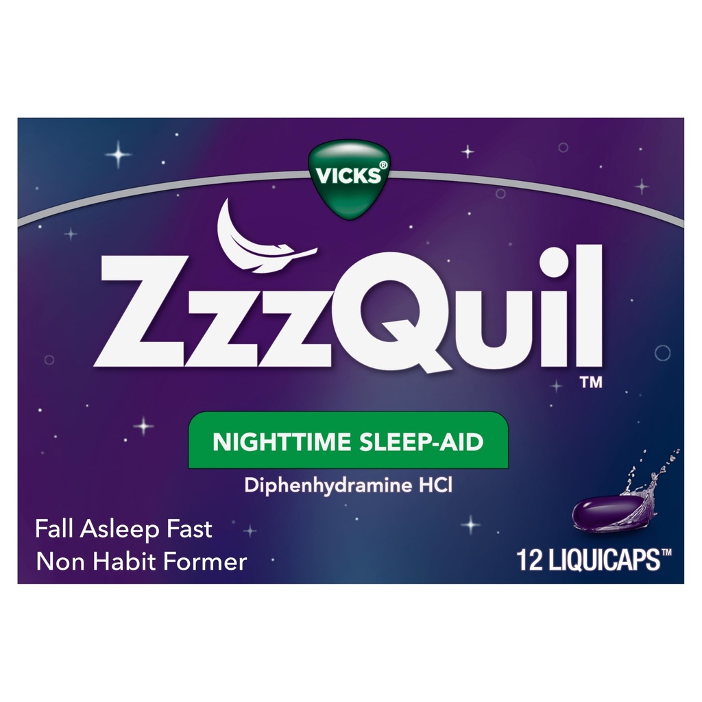 ZzzQuil, nočna pomoč za spanje LiquiCaps, 25 mg difenhidramin HCl, št. 1 Blagovna znamka za spanje, nenavadna oblika, hitro spanje, 12 Število