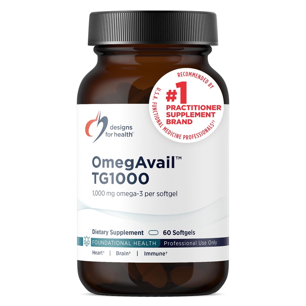Designs for Health OmegAvail TG1000 - TG (Triglicerid) ribje olje dodatek z EPA/DHA - Visoko koncentrirano 1000mg Omega-3 Per Softgel - naravna limonina aroma + brez ribjega pookusa (60 kapsul)