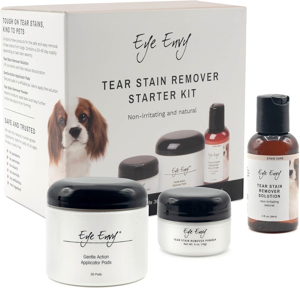 Eye Envy Dog Tear Stain Regener Starter Kit. 100% naravno, varno. Vsebuje: Stain Solution, Aplicator Pads, in Stain Powder. Tear Treatment Kit. Traja 30-45 dni. Izdelano v ZDA
