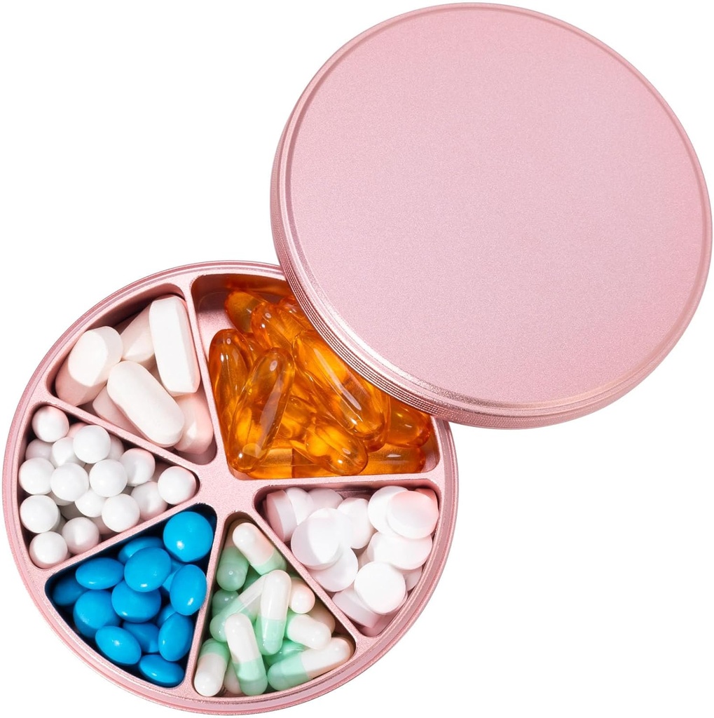Organizator tablete 6 Kompartmenti Tablete Dispenser - težke dajatve Metal Daily Pill Container, Daily Pill Box Imetnik tablete, Vodoodporno zdravilo Primer za vitamin dopolnilno zdravilo Ribja olja, 0.38lb, Pink