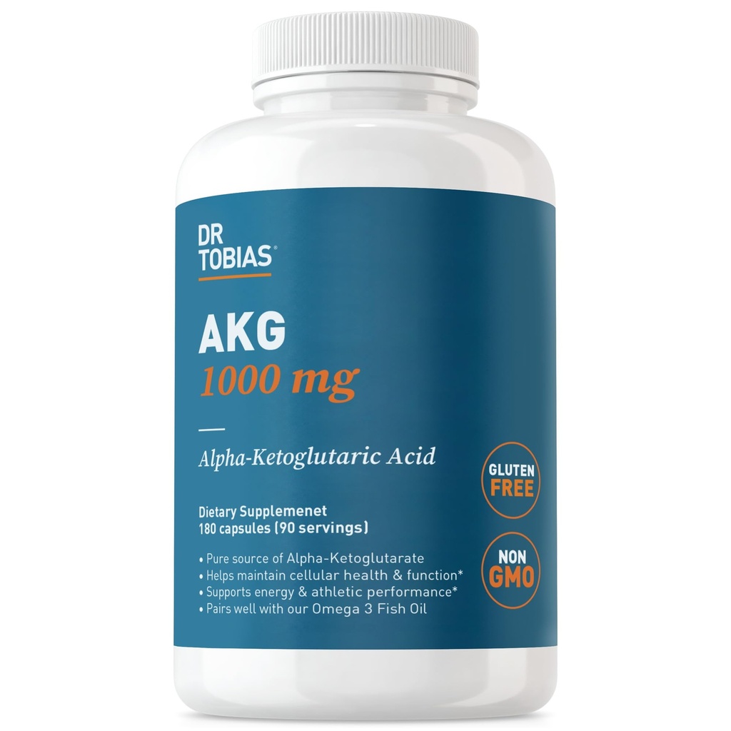 Dr. Tobias AKG Dopolnilo 1000mg na serviranje, Biorazpoložljiva Alfa Ketoglutarna kislina, Podpira celično energijo in dušikov oksid pretok, Vegan, Gluten-free, Ne-GMO, 180 Kapsule, 90 Serving