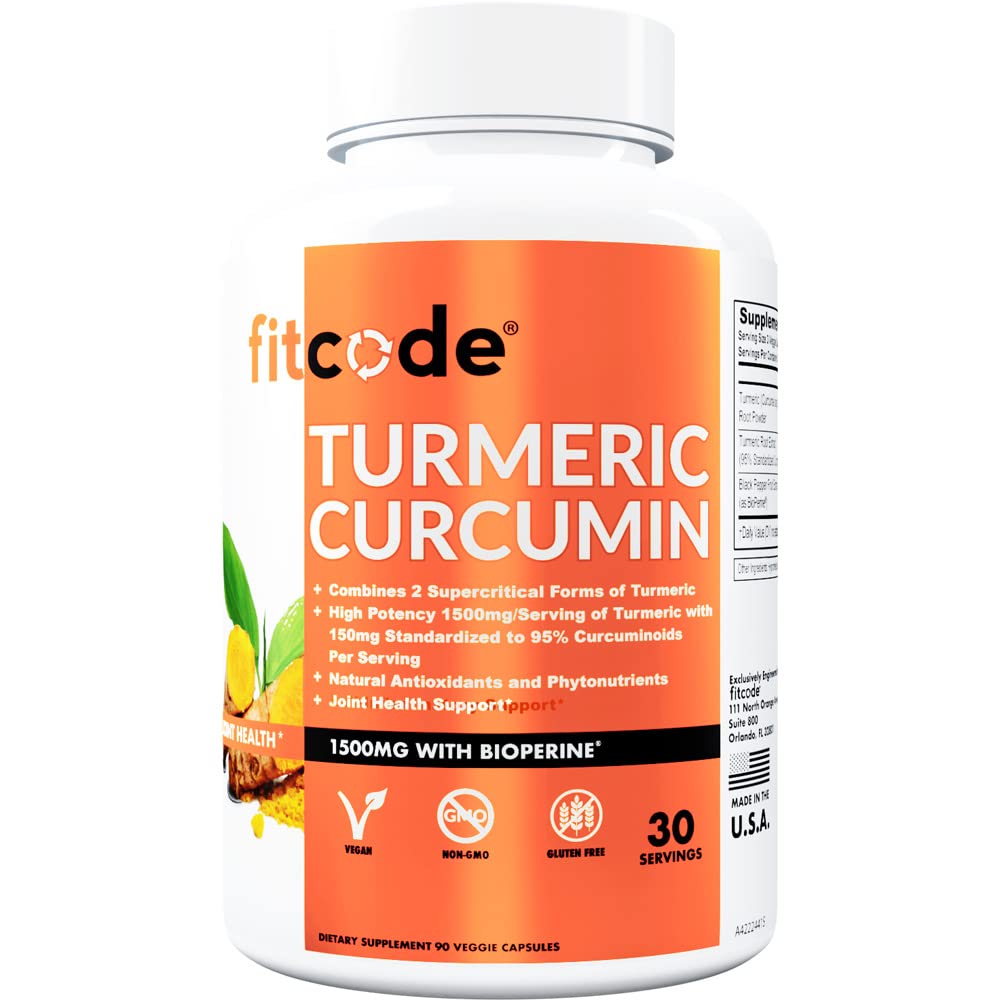 fitcode Kurkumin s 95% Curcuminoidi, Najvišja moč, Non-GMO, Gluten prost, 1500mg Ultra-Pure Kurkumin z BioPerin za izboljšano absorpcijo, 30 Serving Veggie kapsule