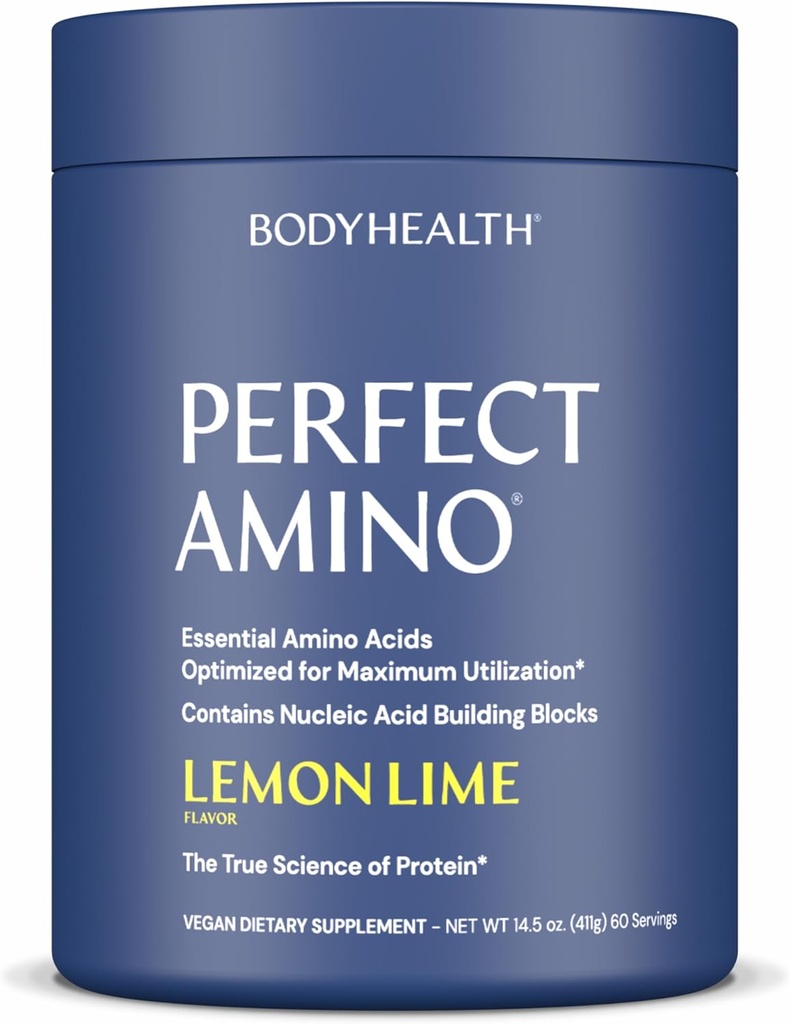 BodyHealth PerfectAmino Powder - BCAA in EAA Powder for Pre and Post Workout - Energijski napitek aminokislin za moške in ženske za podporo najete mišice in regeneracijo - limonina lima - 60 Serving