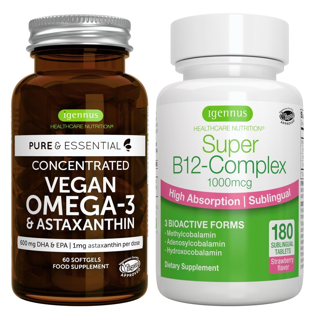Vegan Omega-3 + Super B12- Complex 1000mcg Vegan Bundle, Sustainable EPA & DHA Algae Oil 1340mg + Visoka absorpcija Podjezični vitamin B12 Z metilkobalaminom, Adenosilkobalaminom in hidroksokobalaminom I