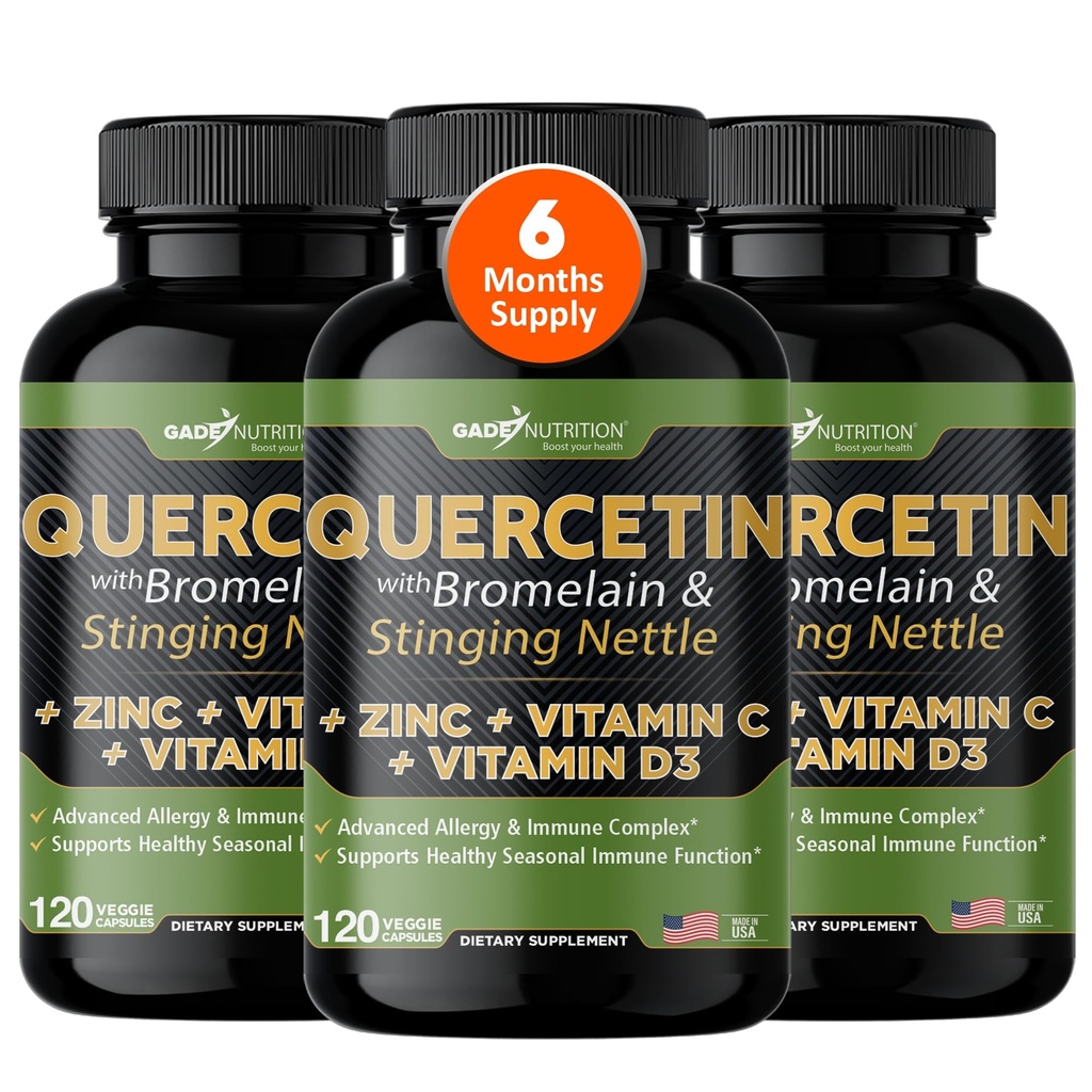 Gade Nutrition Quercetin z vitaminom C, cink & Sting Nettle - Nettle Quercetin - Quercetin 500mg - Quercetin z bromelainom - cink Quercetin + vitamin D3-360 Veggie Caps - 6 Mesec dobave