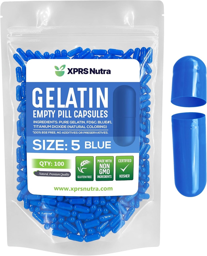 XPRS Nutra velikost 5 praznih kapsul - 100 Štetje zelo majhnih praznih kapsul želatine - tablete DIY Kapsule Polnjenje - Polne tablete Gel caps za Do-it-Your-Your Vitamin dodatki (modra)