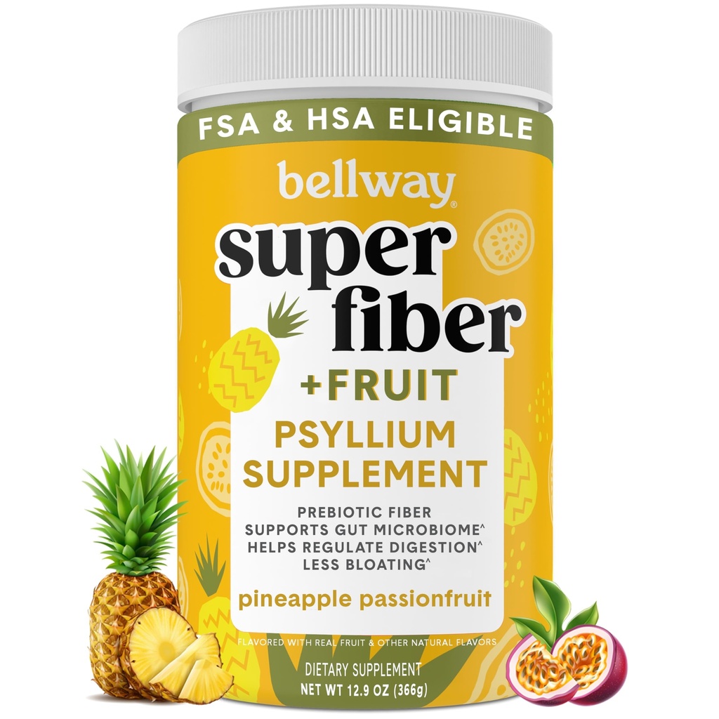 Bellway Super Fiber Powder + Sadje, brez sladkorja Organski Psylium Husk Powder Fiber Dodatek za regularnost, Bloating Relief & Prebavljivo zdravje, rastlinsko, Ananasov pasijonski sadež (50 strežnice)