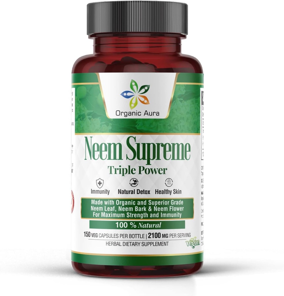 Organic Aura Neem vrhovne kapsule. 150 Veg kapsul. Trojni kompleks - Max Strength Pure High-Potency Azadirachta Indica kapsula. Naravni antioksidant, kožno zdravje, obilna imunizacija podpora.