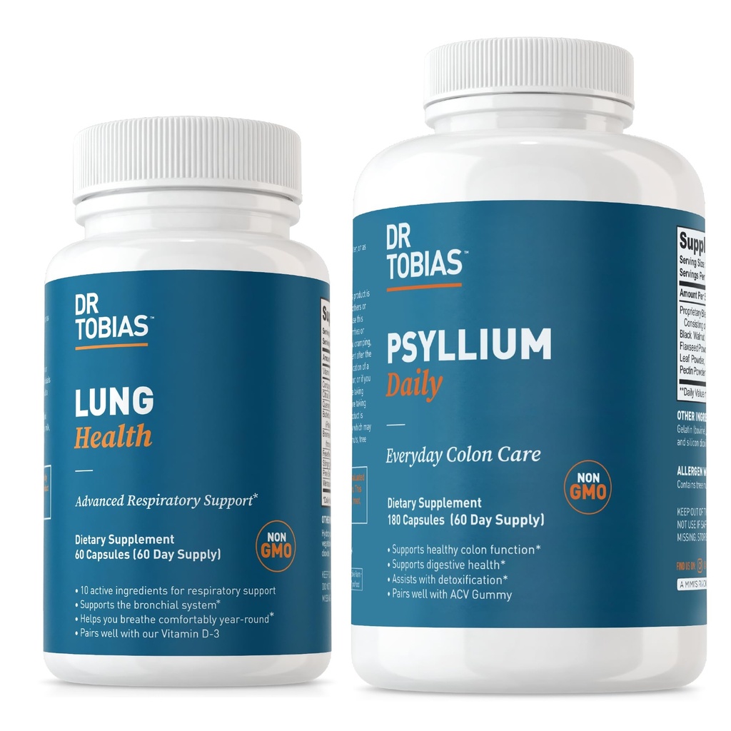 Dr. Tobias Lung Health & Psyllium Daily Supplements, Lung Cleanse & Detox Formula, Podpira zdrave Bowel gibanja s Psyllium Husk, Vitamin C, Butterbur, Quercetin, Daily Fiber in Lung dodatek