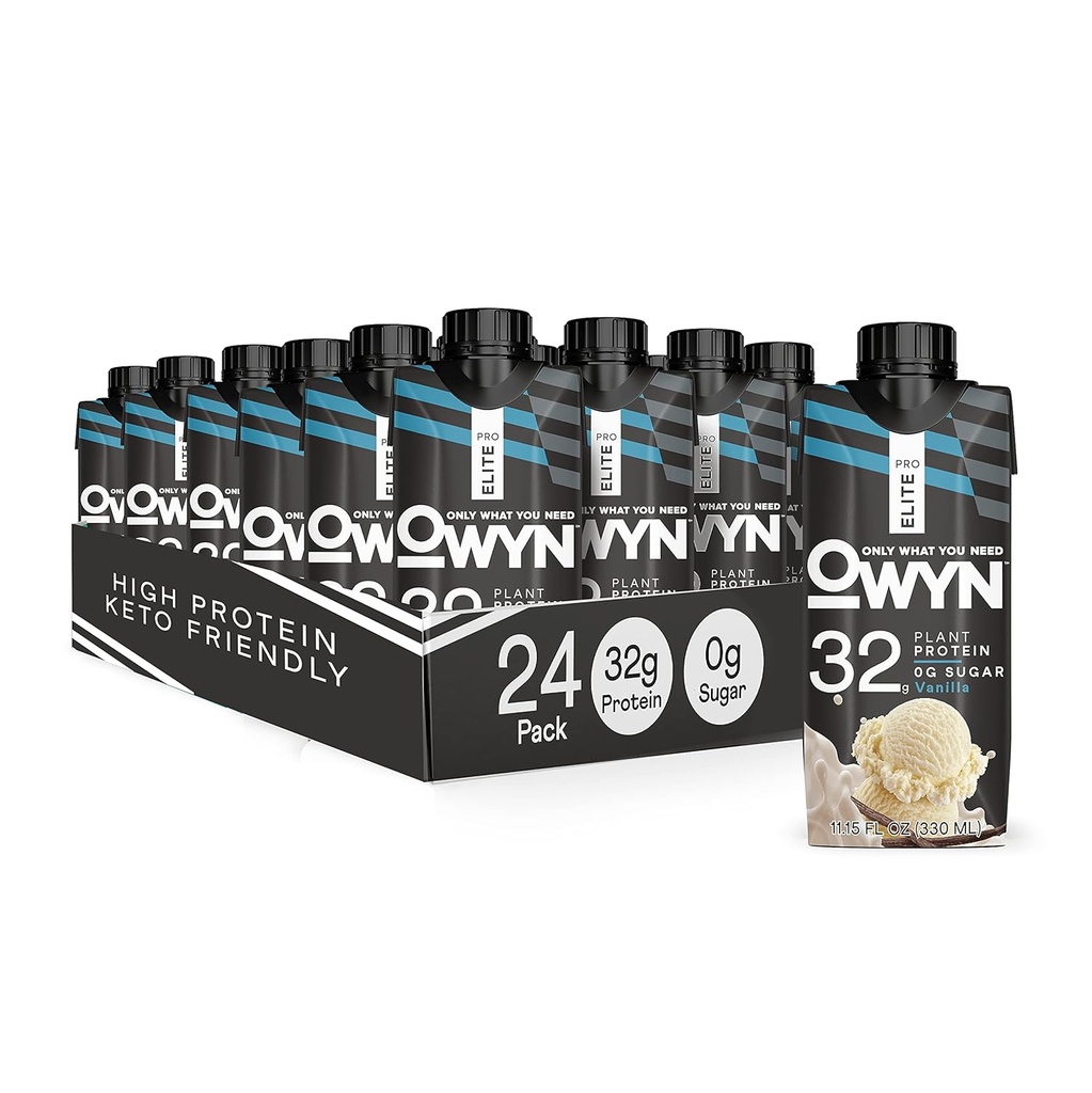 OWYN Pro Elite Vegan rastlinsko-bazen visoko-proteinski Shake, Vanilla, 24 Pack, 32g rastlinskih beljakovin, Prebiotiki, Superfoods Greens for Workout and recovery, 0g neto ogljikovih hidratov, nič sladkorja, Keto (24 Pack)