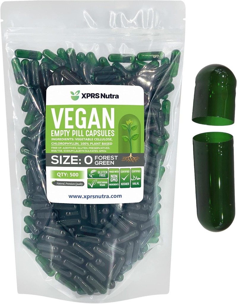 XPRS Nutra Size 0 Prazne kapsule - 500 Štetje Prazne Veganske kapsule - Vegetarijanske tablete - DIY Zelenjavna kapsula Polnjenje - Veggie Pills za Do-it-Yourself Supplements (Forest Green)