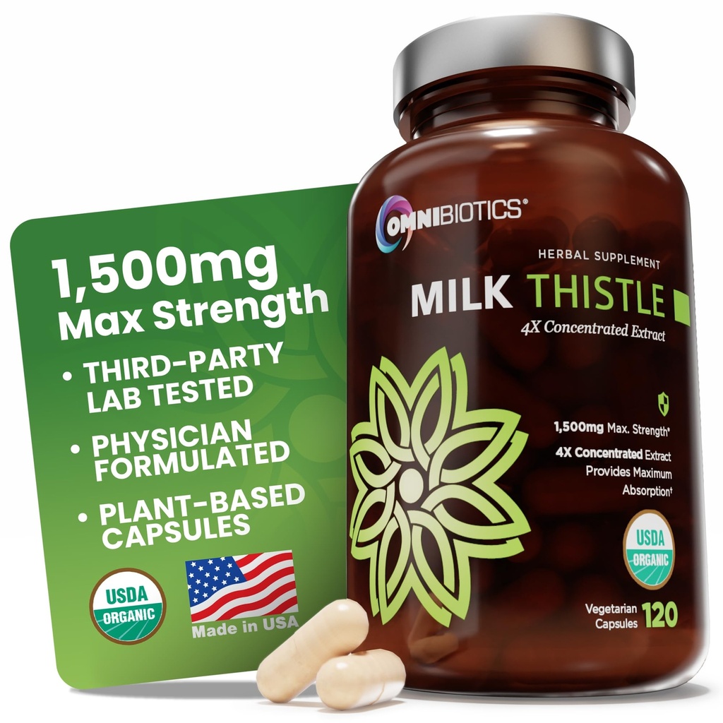 OmniBiotika Organsko mleko Supplement 1500mg – 4X Koncentriran ekstrakt s Silymarin – Zelo močna razstrupitev jeter in podpora – 120 veganskih kapsul