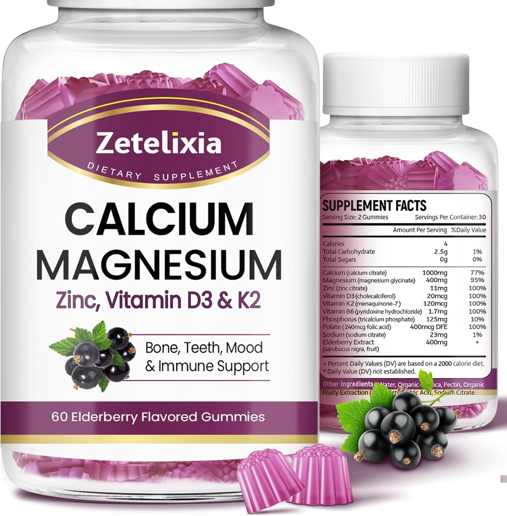 Kalcijev gumi z D3, kalcij Magnezij dodatek z Glycinate,Potassium,Vitamin D3 & K2, &Whole naravna hrana za kosti in imuno podporo- 120 Žvečljiva Gummy Elderberry aroma